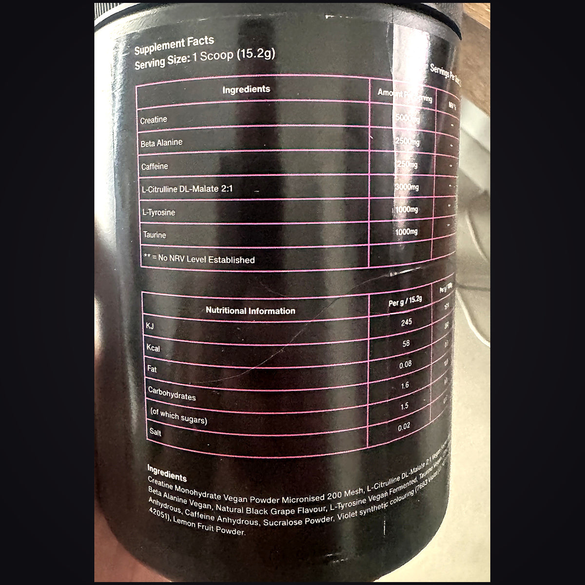 The Supplement Facts panel printed on the tub: 5,000mg creatine, 2,500mg beta-alanine, 250mg caffeine, 3,000mg L-citrulline DL-malate, 1,000mg L-tyrosine, 1,000mg taurine per 15.2g scoop
