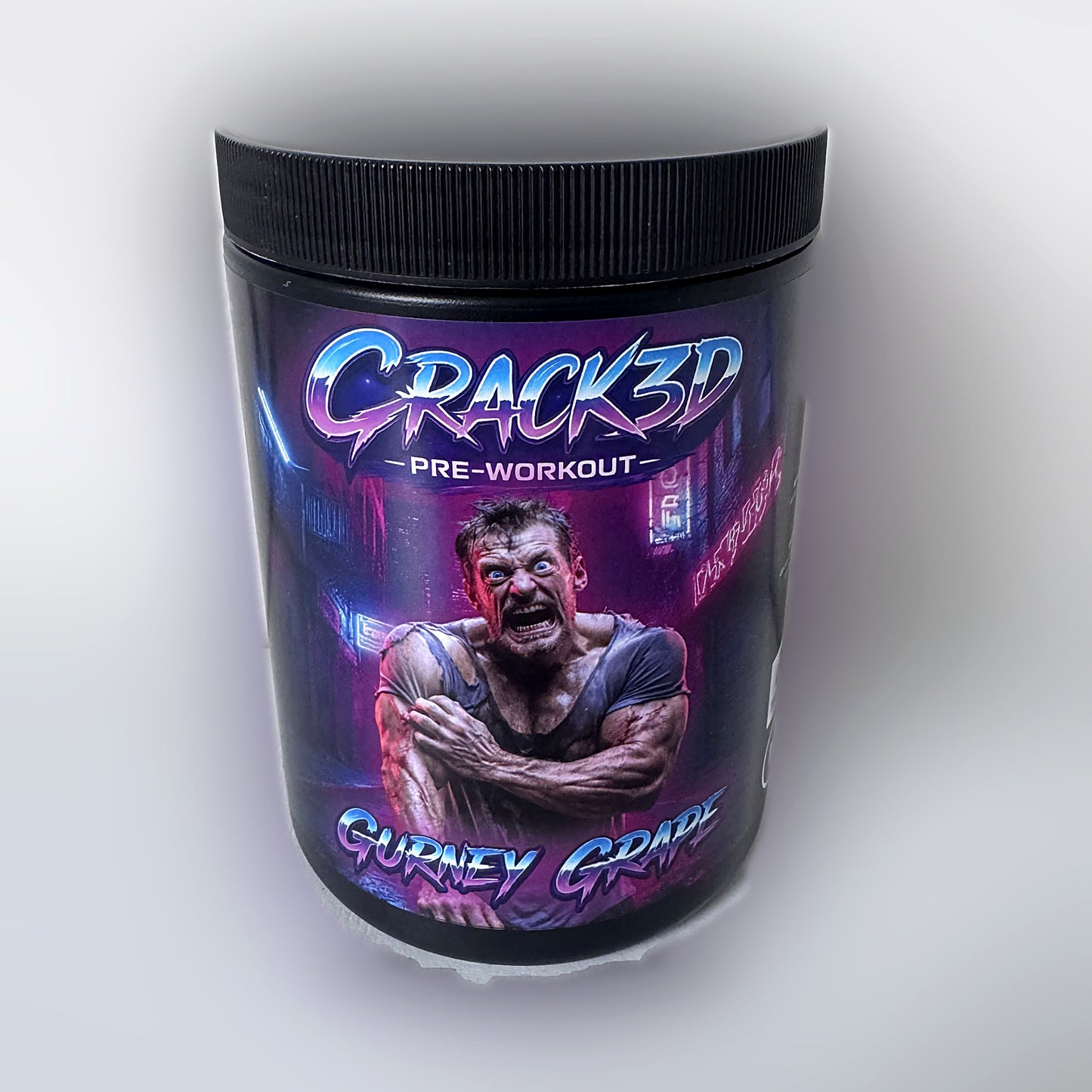 CRACK3D Gurney Grape pre-workout tub, 30 servings, photographed front on against a clean studio backdrop