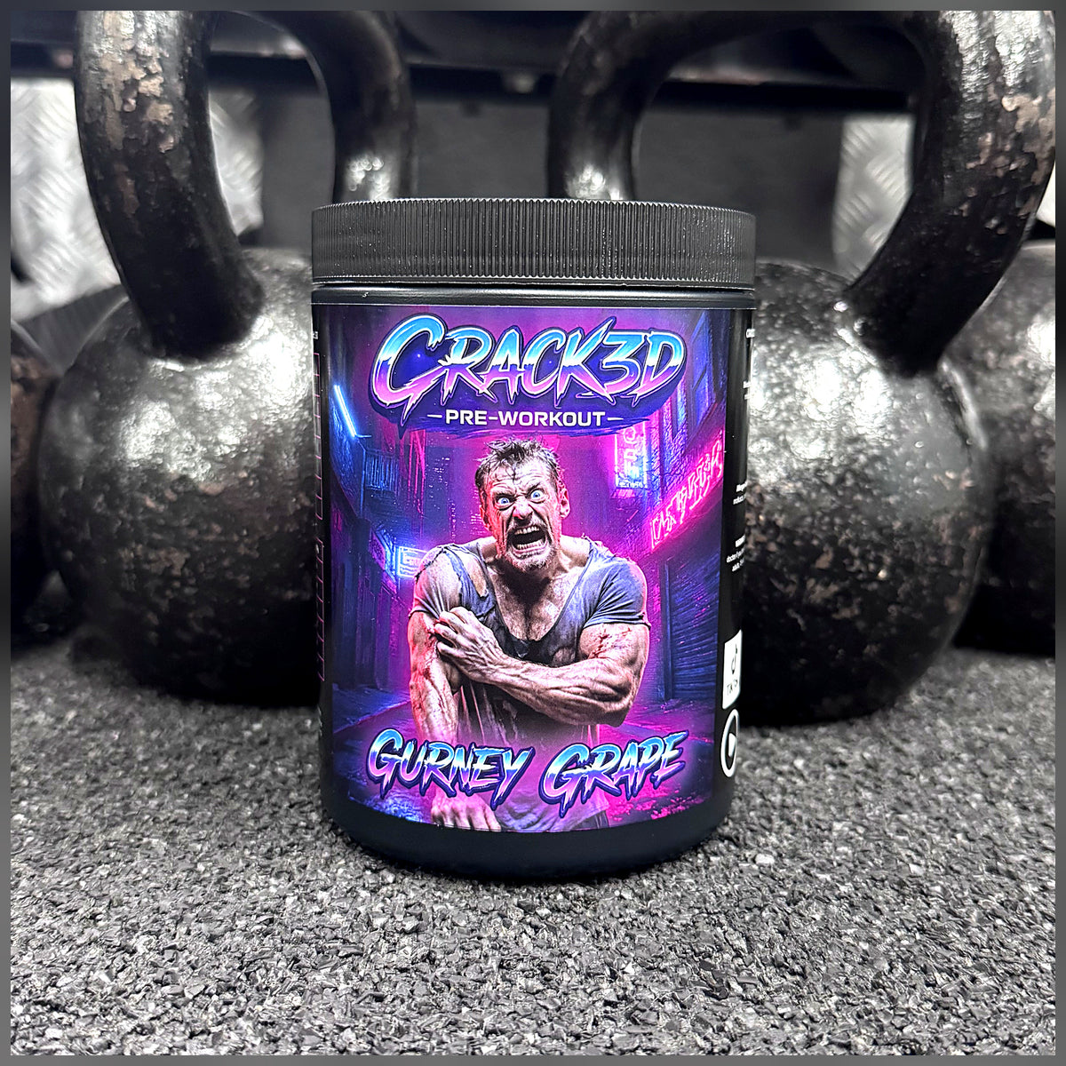 CRACK3D Gurney Grape tub on a gym floor in front of kettlebells and dumbbells