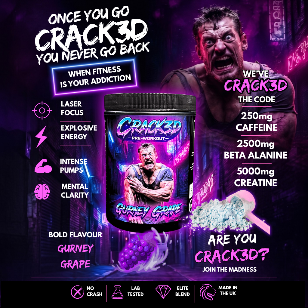 Two tubs of CRACK3D Gurney Grape pre-workout