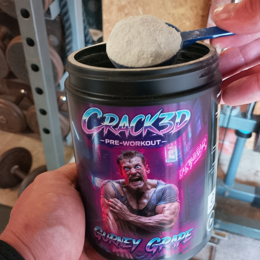 Three tubs of CRACK3D Gurney Grape pre-workout